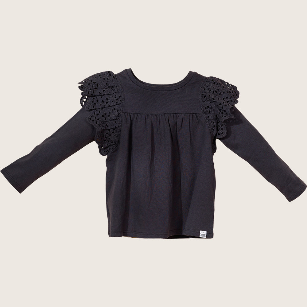 rise little earthling Ruffle Shoulder Tee TGHKT39 - Black / 18-24m — Catalog Product